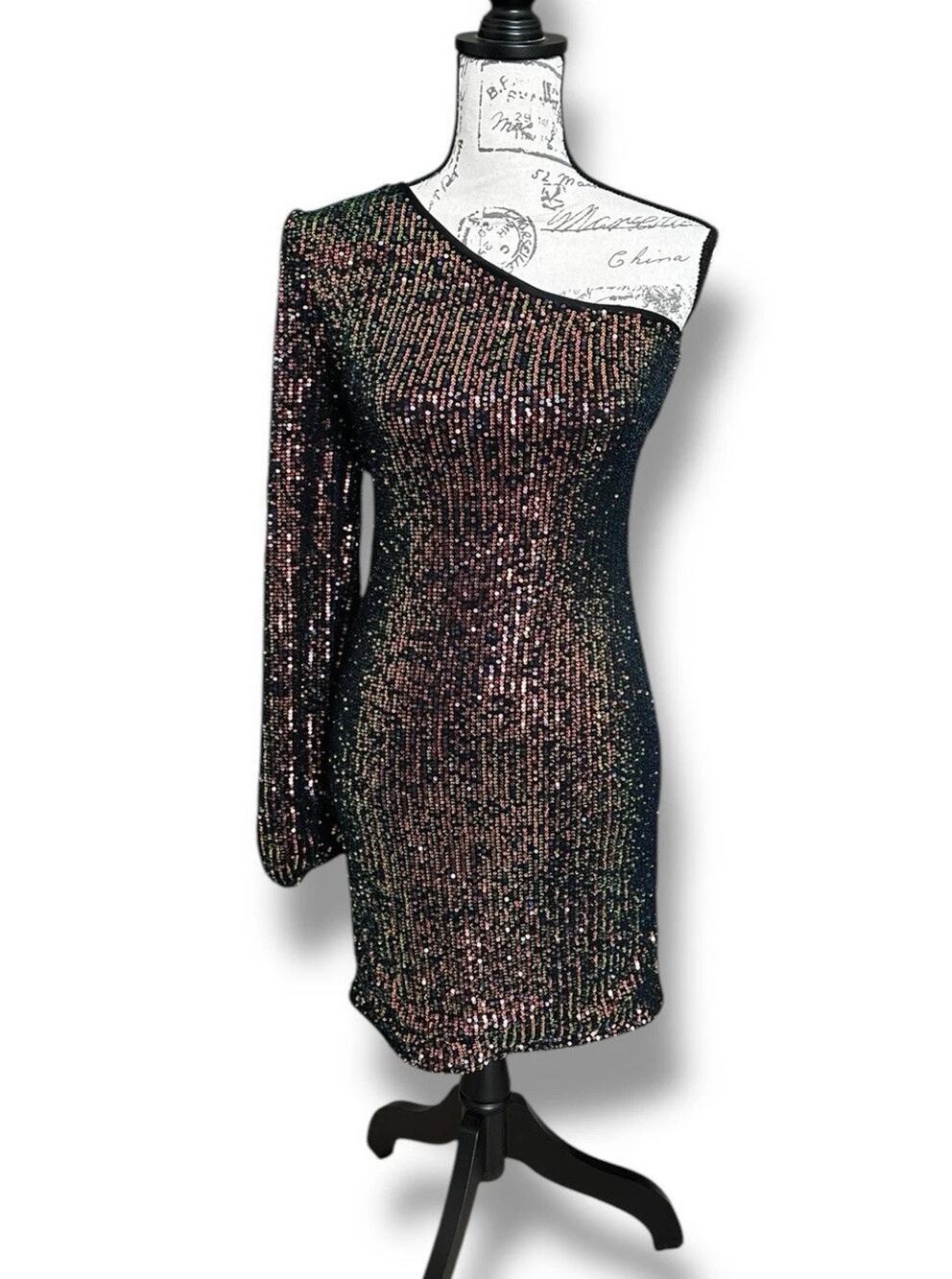 Cefian Navy Blue Sparkle Sequin One Shoulder Dress Medium NWT